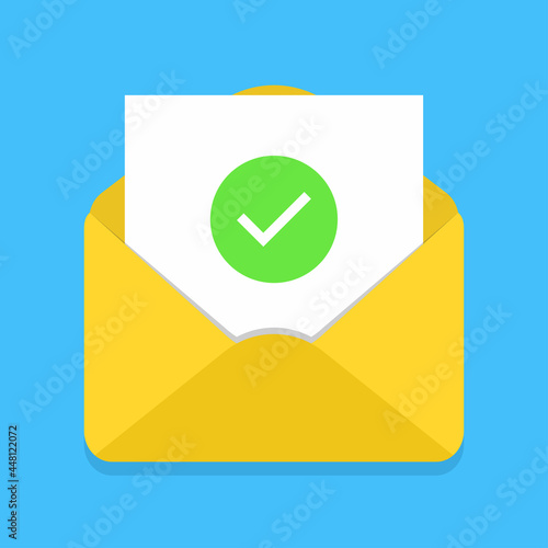 Envelope with document and green check mark on blue background. Confirmation email message. Successful verification or email delivery concept. Accept green tick. Vector illustration