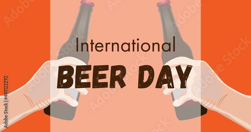 Rectangular banner with two human hands holding brown beer bottles on orange background. International Beer Day. Beer day. Alcoholic drinks. Template. Post. Vector illustration.