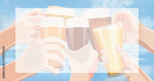 Rectangular banner with hands holding beer mugs, pilsner glasses and weizen. on blue sky and sea background. International Beer Day. Beer day. Alcoholic drinks. Template. Post. Vector illustration.