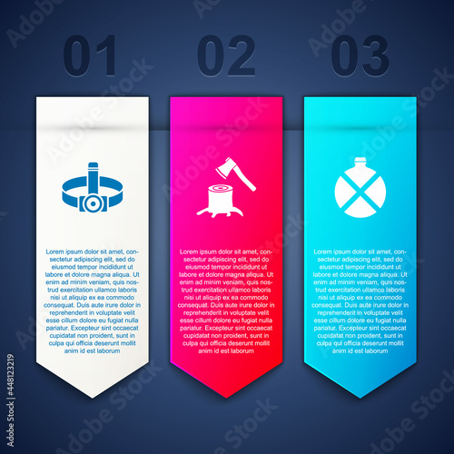 Set Head flashlight, Wooden axe in stump and Canteen water bottle. Business infographic template. Vector