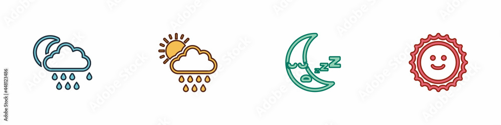 Set Cloud with rain and moon, sun, Moon icon and Sun icon. Vector