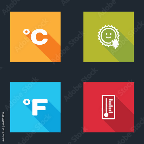 Set Celsius, UV protection, Fahrenheit and Meteorology thermometer icon. Vector