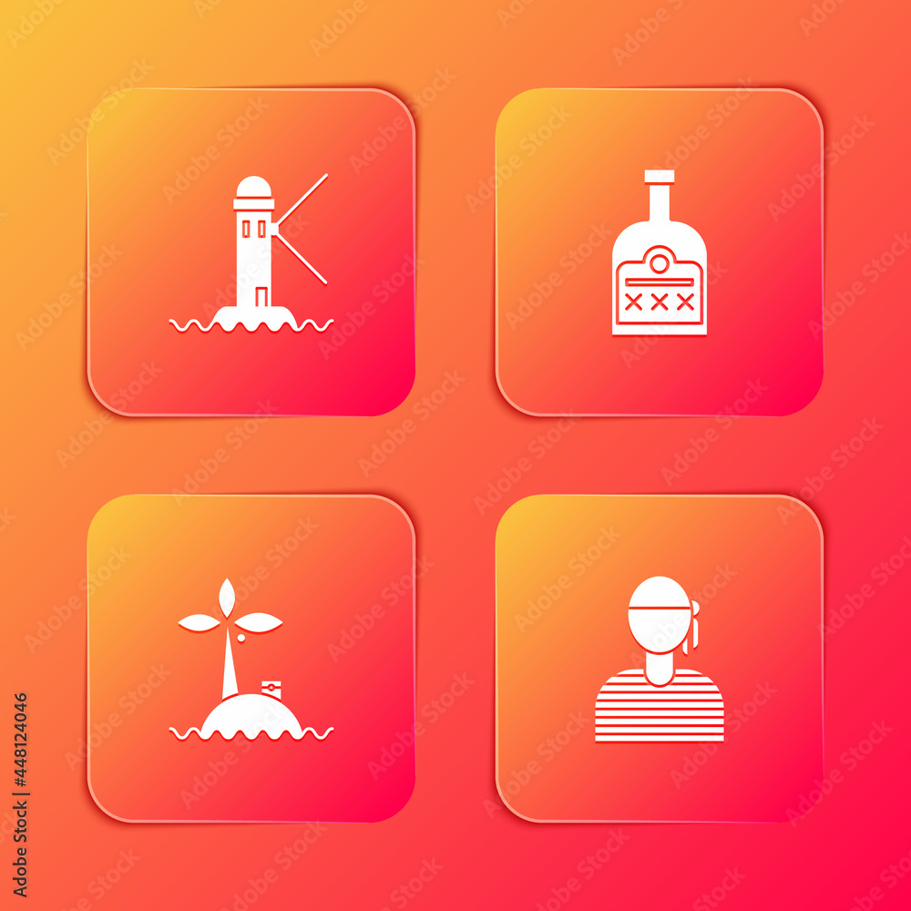 Set Lighthouse, Alcohol drink Rum bottle, Tropical island ocean and Sailor captain icon. Vector Set Lighthouse, Alcohol drink Rum bottle, Tropical island ocean and Sailor captain icon. Vector