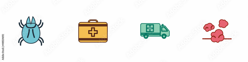 Obraz premium Set Parasite mite, First aid kit, Emergency car and Dust icon. Vector