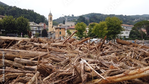 Europe, Italy, Como, July 2021 extensive damage after the flood in Como - Lake Como is full of woods and trees undermined by the force of the storm due to rain and overflowing rivers