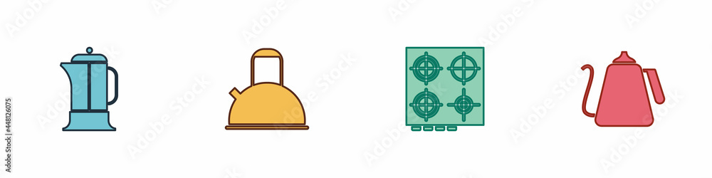 Set French press, Kettle with handle, Gas stove and icon. Vector Set French press, Kettle with handle, Gas stove and icon. Vector