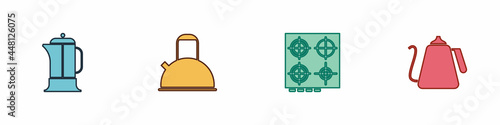 Set French press, Kettle with handle, Gas stove and icon. Vector
