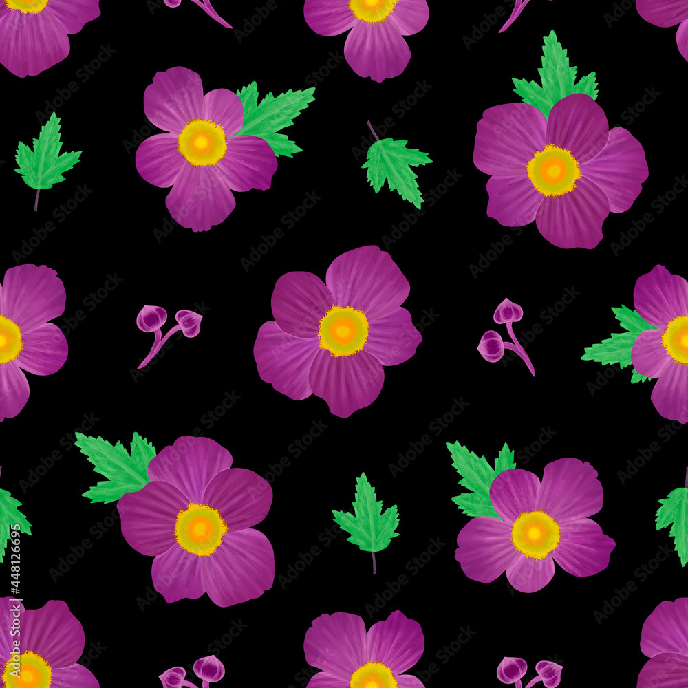 anemone flower pattern on black background. Illustration for printing, backgrounds, wallpapers, covers, packaging, greeting cards, posters, stickers, textile and seasonal design. anemone flower pattern on black background. Illustration for printing, backgrounds, wallpapers, covers, packaging, greeting cards, posters, stickers, textile and seasonal design.