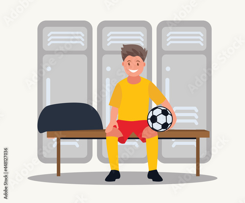 A football player in the interior of a locker room with lockers and sports equipment. Vector illustration.