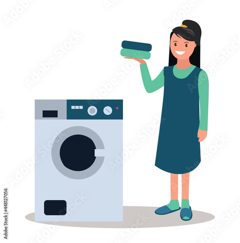 Advertising of washing powder. A woman with washing powder in her hands near the washing machine. Vector illustration.