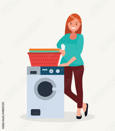 Advertising of washing powder. A woman with washing powder in her hands near the washing machine. Vector illustration.