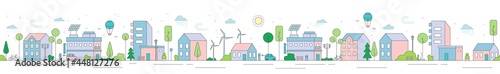 Ecology city scenery and alternative power sources generator. Endless eco-friendly town street with urban building on roadside vector illustration. Panoramic cityscape simple flat design