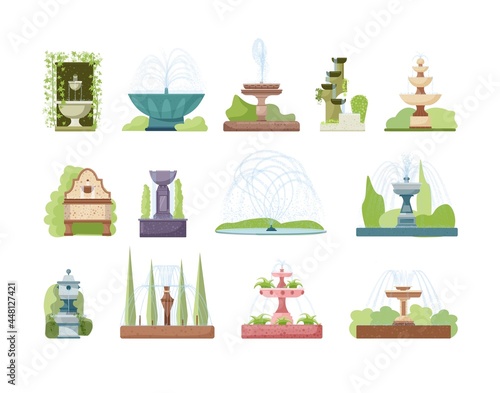 Various park fountain architectural element. Set of waterfall, tiered, classic, cascading, splash, dancing equipment over green garden scene vector illustration isolated on white background