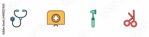 Set Stethoscope, Nurse hat with cross, Medical otoscope tool and scissors icon. Vector