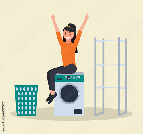 Advertising of washing powder. A woman with washing powder in her hands near the washing machine. Vector illustration.