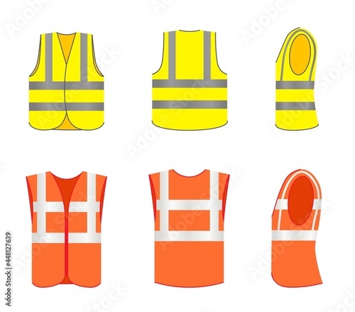 Reflective safety vest outfit front, side and back view set. Protective waistcoat wear uniform with neon stripe for construction worker or builder vector illustration isolated on white background