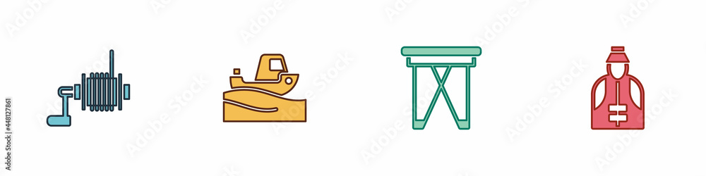 Set Spinning reel for fishing, Fishing boat on water, Folding chair and Fisherman icon. Vector Set Spinning reel for fishing, Fishing boat on water, Folding chair and Fisherman icon. Vector