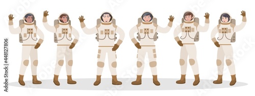 Astronaut character in spacesuit and helmet waving hand set. Cartoon male cosmonaut exploring galaxy showing greeting gesture standing in row vector illustration isolated on white background