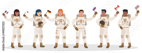 Astronaut international crew in spacesuit holding flag in row. Cosmonaut character cartoon team ready for space travel and universe exploration vector illustration isolated on white