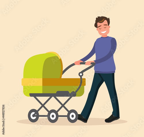 Young dad walking with a newborn that is in the stroller. Vector illustration.