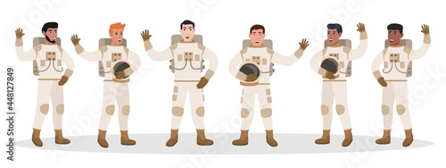 Male astronaut in spacesuit holding helmet waving hands set. Cartoon spaceman cosmic explorer showing greeting welcome gesture sign vector illustration isolated on white background
