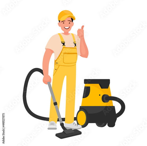 Worker of cleaning service. A man dressed in a uniform with a vacuum cleaner. Vector illustration.