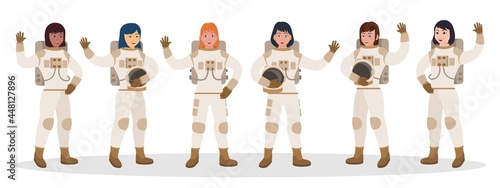 International woman astronaut team stand in row waving hand. Multiracial interstellar spaceship starship spacefaring female crew ready for adventure vector illustration isolated on white background