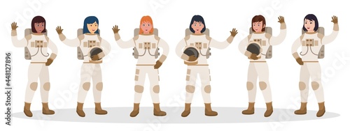 International woman astronaut team stand in row waving hand. Multiracial interstellar spaceship starship spacefaring female crew ready for adventure vector illustration isolated on white background