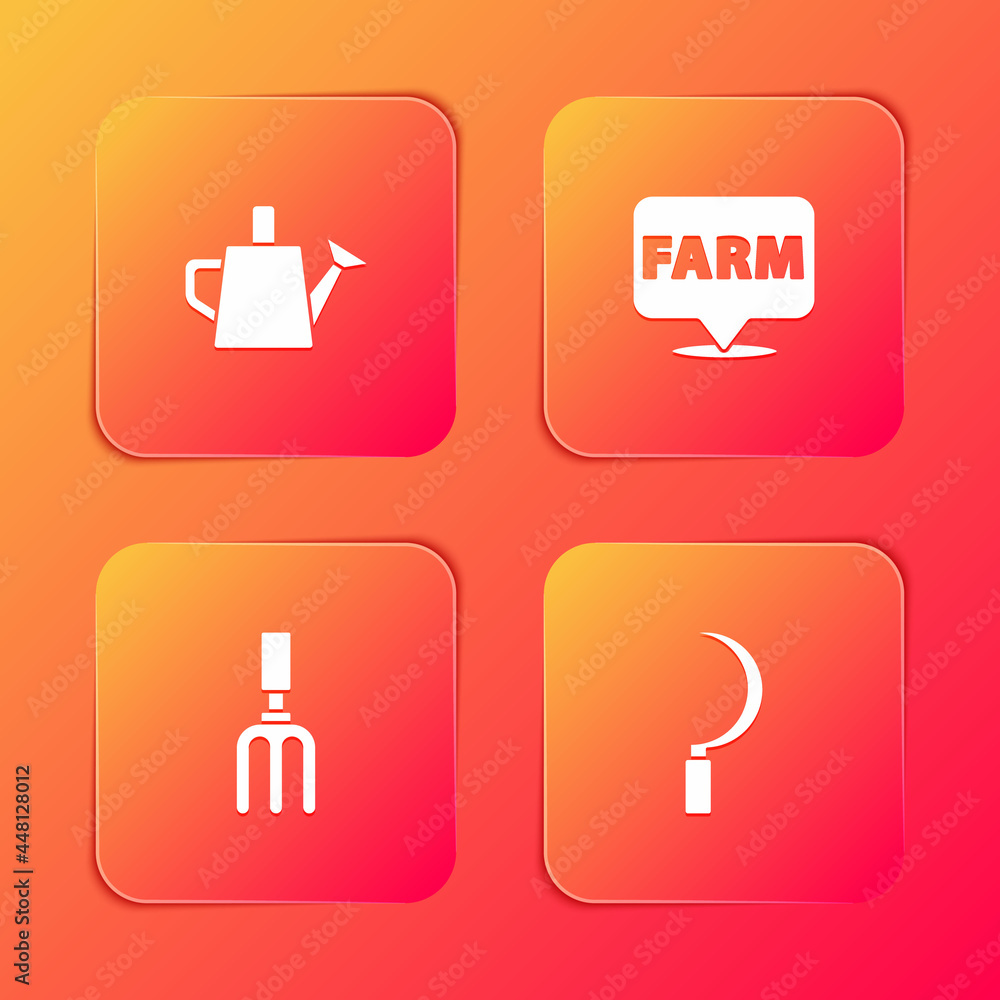 Set Watering can, Location farm, Garden rake and Sickle icon. Vector Set Watering can, Location farm, Garden rake and Sickle icon. Vector