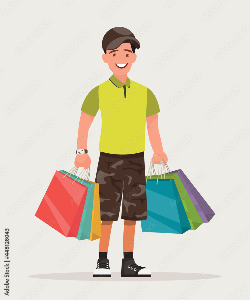 The man is shopping. The guy with the packages. Vector illustration. The man is shopping. The guy with the packages. Vector illustration.