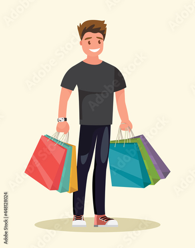 The man is shopping. The guy with the packages. Vector illustration.