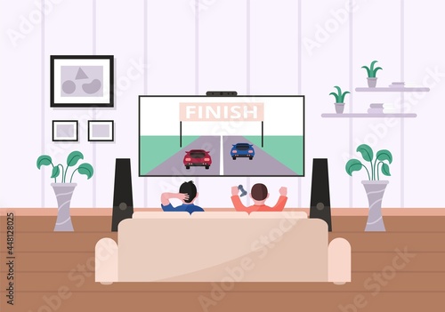 Kids playing video game in living room sitting on sofa front of TV. Brother or friend children with gamepads enjoy family leisure lifestyle and fun time at home vector illustration