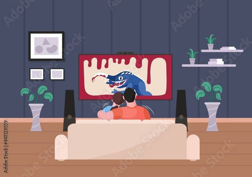 Family couple watching horror movie on TV in living room. Husband and wife enjoy scary film on television sitting on couch in room spend evening time together vector illustration