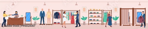 Diverse people shopping at fashion shop during clothing sale. Happy boutique customer and friendly seller character choosing, buying clothes item at garment shop vector illustration