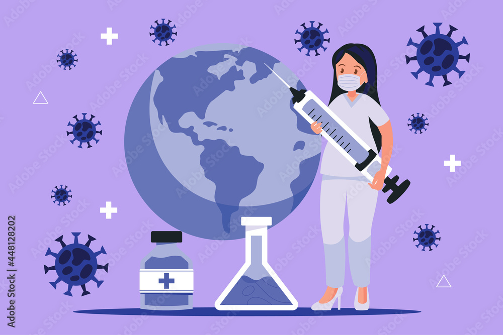 Naklejka premium A nurse holds a syringe with a vaccine against coronavirus. Vector Illustration flat design.