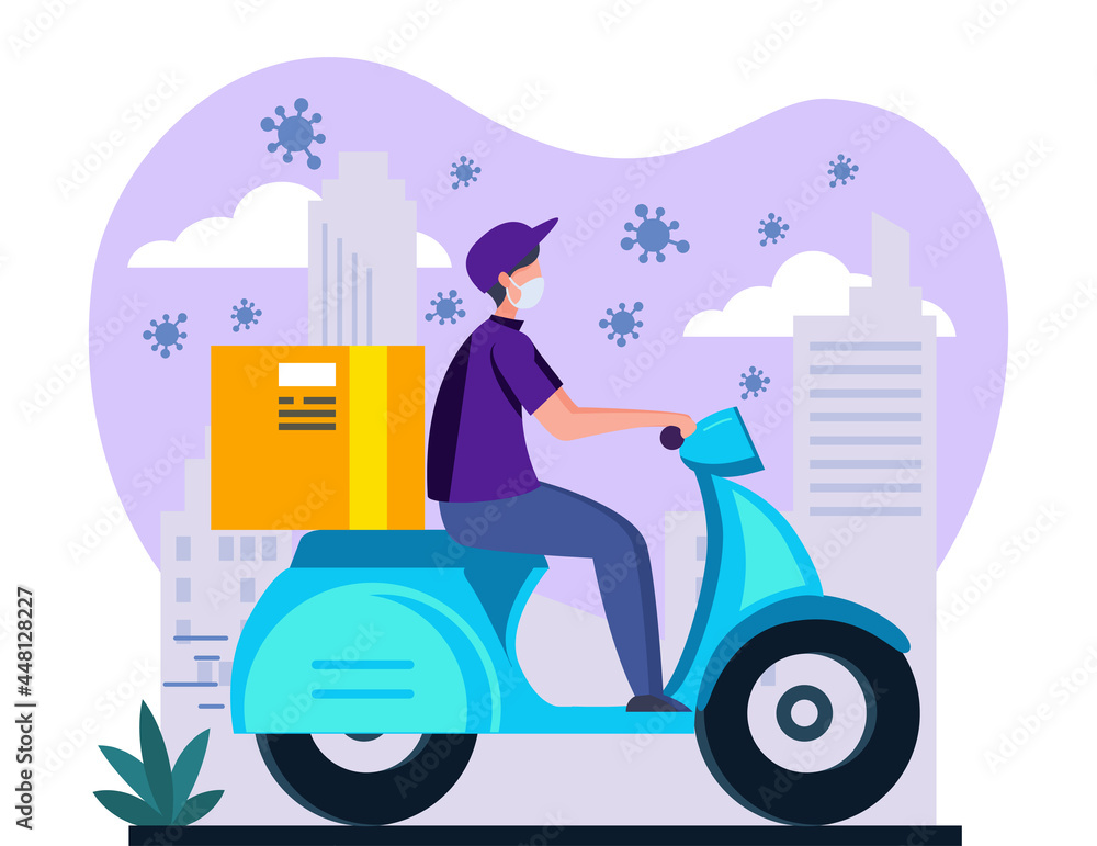 A courier guy in a mask and gloves rides on a scooter or moped, delivering a parcel or a parcel box. Vector Illustration.