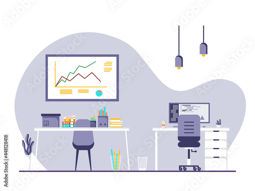 Workplace and work station flat design, Concept of working desk or office interior with furniture. Modern office room with computer, table and equipment. Work from home illustration.