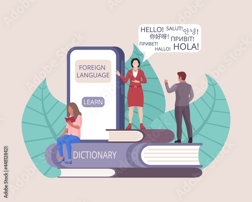 Foreign language learning and online translation mobile app. Education service for study, internet library with dictionary for international conversation global communication vector illustration