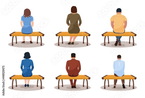 Different people sit on bench set back view. Seated thoughtful or tired man and woman relaxing, contemplating or dreaming on wooden park seat vector illustration isolated on white background