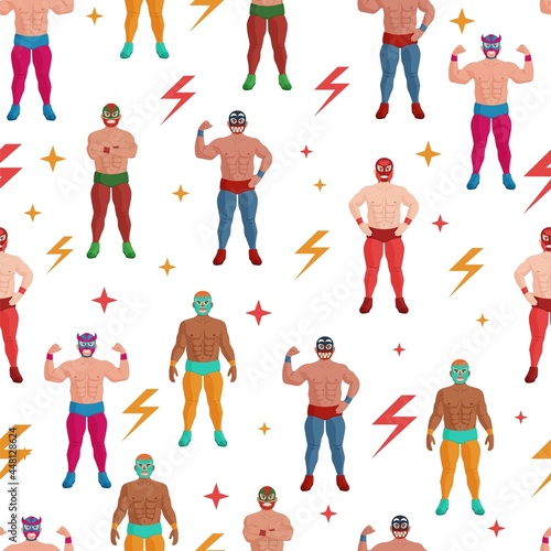 Mexican wrestler in costume and mask seamless pattern. Strong muscular lucha libre wrestling fighter sportsman and athlete showing muscle power repeated wallpaper design vector illustration