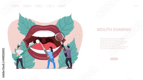Dental service for mouth examining in dentistry clinic. Doctor dentist team providing oral hygiene, tooth healthcare and treatment to patient in modern hospital landing page design vector illustration