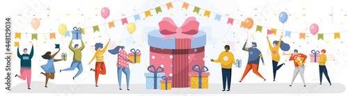 Happy joyful people group character dancing with gift box. Friend celebrating birthday party with flag garland, confetti and balloon for invitation and congratulation vector illustration