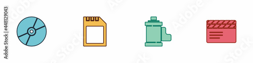 Set CD or DVD disk, SD card, Camera film roll cartridge and Movie clapper icon. Vector