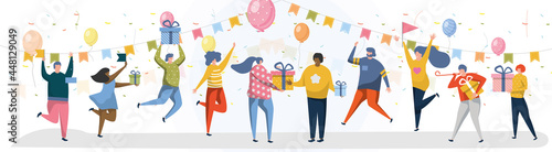 Group of happy people raising hands celebrating holiday. Man and woman congratulating dark skin friend or colleague with birthday giving surprise gift present box vector illustration