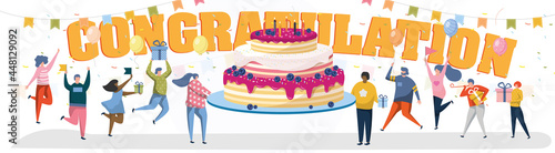Congratulation poster with happy people holding sweet cake. Congrats card with lettering for birthday party, anniversary or holiday celebration from friend or colleague vector illustration