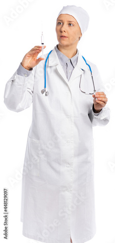 female doctor in a white coat and hat. a medic, a nurse holds a syringe and an ampoule. injections. paid medicine. isolated, white background