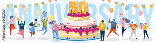 Happy birthday cake on greeting card poster design. Cheerful young adult people with gift present dancing around sweet dessert decorated 50 number emblem and candle vector illustration