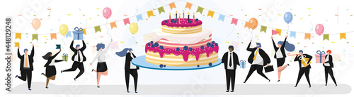 Company anniversary birthday celebration poster design. Happy employee, office worker and businesspeople having fun around festive sweet cake on corporate event vector illustration
