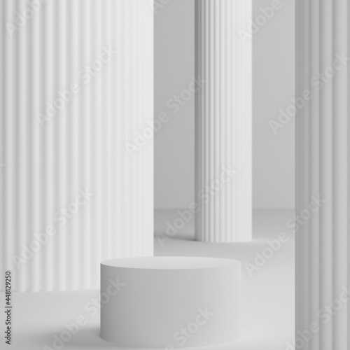 White column with strips degine and white background with podium for product presentation 3d render, 3d scene