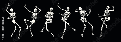 Comic spooky dancing skeleton for party or holiday design. Active scary skeletal human body dancer jumping and making funny movement vector illustration isolated on black background